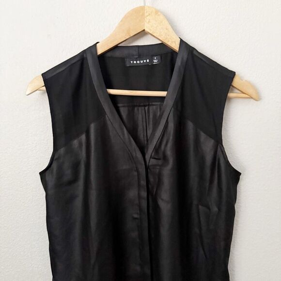TROUVE | Black Leather-Look Tank Sleeveless Blouse Sheer Bottom | Size Small - Picture 2 of 6
